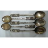 Archibald Knox for Liberty & Co - five silver tea spoons with Medea pattern to tops, Birmingham 1923