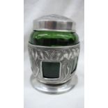 David Veazey for Liberty & Co - Tudric Pewter preserve pot with green glass liner and rose, leaf and