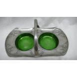 Archibald Knox Liberty & Co. - A Tudric pewter preserve dish with handle two green glass bowls and