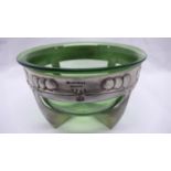 Archibald Knox for Liberty & Co. Tudric Pewter and green glass bowl (Whitefriars) on four cross