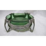 Liberty & Co. English Pewter butter dish with open work C scroll decoration on four legs and green