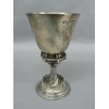 Omar Ramsden - lightly hammered silver chalice with decoration of bead and open wire brackets to