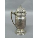 Omar Ramsden - Silver mustard pot with bud finial, bead decoration to top, curved handle, rose