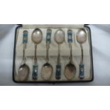 Archibald Knox for Liberty & Co - set of silver and blue green enamel teaspoons with Medea pattern