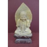 Soap stone Buddha seated on lotus shaped stool - ht. 8.5 ins