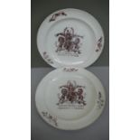 Pair of 18thC English soft paste porcelain plates with transfer decoration of the Royal crest and '