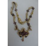 Victorian style silver gilt and garnet ornate necklace - length 17ins