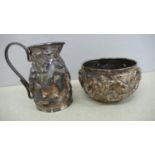 Indian silver cream jug and sugar with decoration of figures in relief - Ht. of Jug 2.25 ins