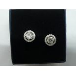 Pair of brilliant cut diamond ear studs surrounded by sixteen smaller diamonds set in white gold,