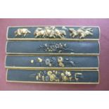 Four Japanese brass, gold and silver scabards for knives - length 3.75 ins with decoration of