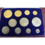 1887 Victorian Specimen eleven gold and silver coin set cased £5, £2, sovereign, half sovereign,