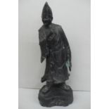 19th/20thC Japanese black patinated bronze of a man in hat, robes and boots - height 15ins