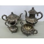 Victorian four piece fluted tea/coffee service with melon finials, reeded spouts and handles on four