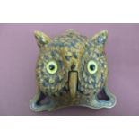 19th/20thC cold painted iron wind up shop counter bell in the form of an owl with yellow glass eyes,