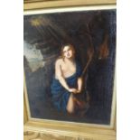 18thC possibly Italian school, semi nude woman hiding in a cave, oil on canvas on a board, some over