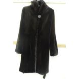 Ladies dark brown cropped mink 3/4 length coat with hood having rope twist style border, leopard