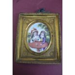 18thC Continental oval enamel miniature of a boy and girl playing with a spining top in original