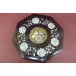 Chinese dark red lacquered octagonal box with mother of pearl inlay and decoration of rabbits and