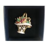 14ct gold ruby, emerald, sapphire and diamond basket of flowers open worj brooch - weight 6grms