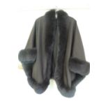 Ladies brown cashmere poncho with brown fox fur collar and trim size 12