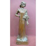 Art Nouveau bronze figure of a girl standing holding flowers - Ht. 6.5 ins