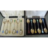 Two cased silver gilt and enamel sets of six coffee spoons - Birmingham 1933 & 1954