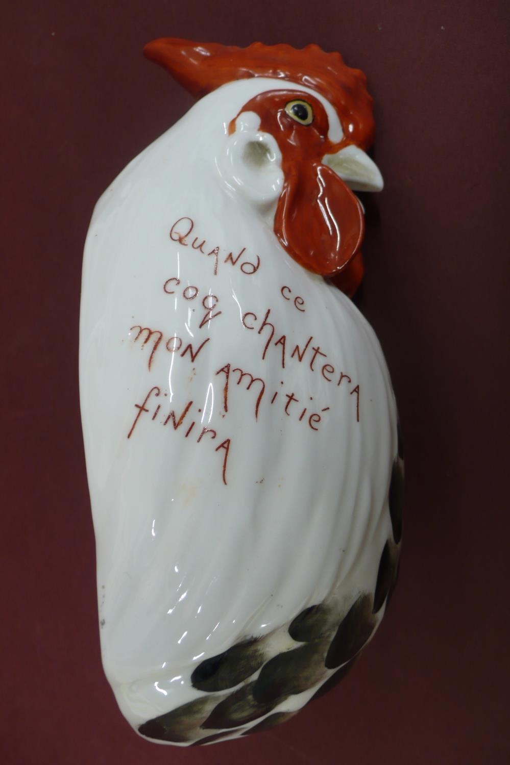 Rare Royal Worcester porcelain wall ornament of a cockerel marked "Quand ce coq Chantera mon - Image 2 of 4