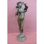 19thC green patinated bronze of a nude girl snake charmer wearing a turban height 7.25ins