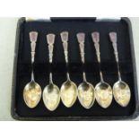Cased set of six silver gilt and mauve enamel coffee spoons - Birmingham 1948 Maker Turner and