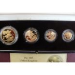 1985 UK gold four coin proof set cased £5, £2, sovereign and half sovereign with certificate