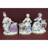 Three Dresden porcelain figures of ladies sitting at tables underglaze blue cross swords, marks to
