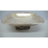 Designer square shaped hammered silver fruit bowl with pierced platform base - Maker John Michael