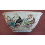 Chinese porcelain square shaped bowl with turquoise glaze decoration of water fowl, water lilies and