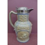 Mid 19thC silver topped German jasperware wine jug with decoration in relief, repair to base