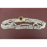 Triple cultured pearl choker necklace with large 9ct gold cabachon amerthyst and seed pearl
