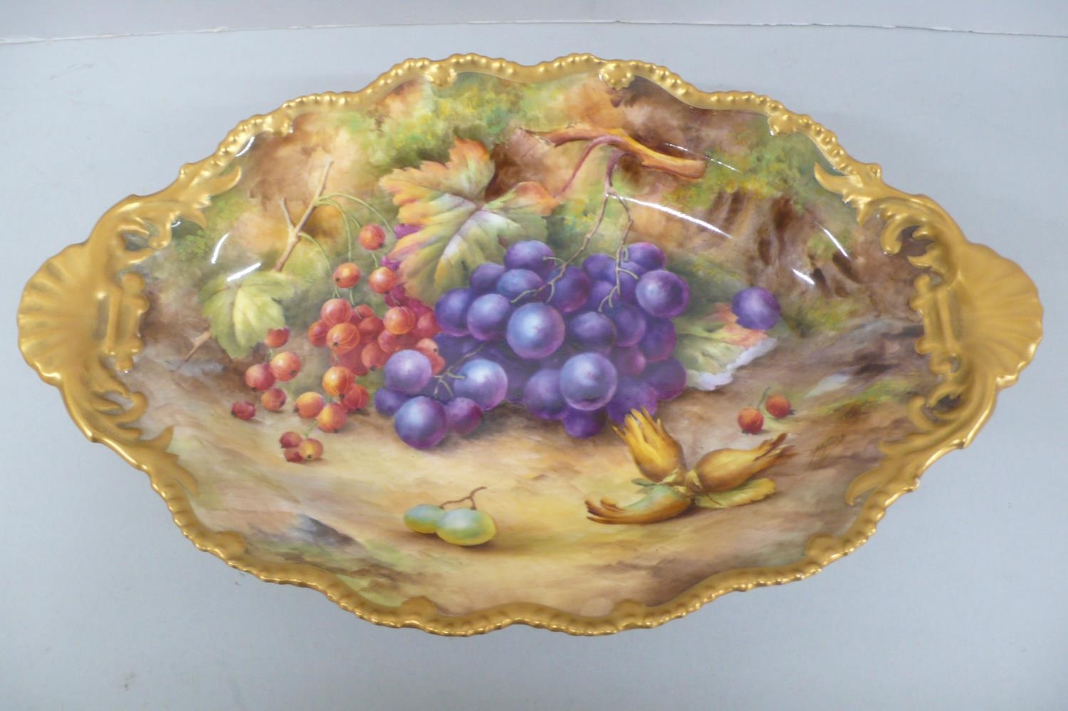 Royal Worcester fruit pattern fruit comport, red current, grape and hazel nut decoration, circa