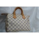 Louis Vuitton Paris 'Speedy' handbag in azur damier canvas and natural leather chequered design,