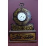 A late 19thC brass inlaid rosewood mantel clock with carrying handles and decoration of horses and