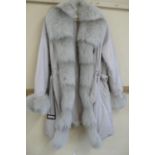Ladies shower proof mid length coat with silver fox fur trim and cuffs size 12