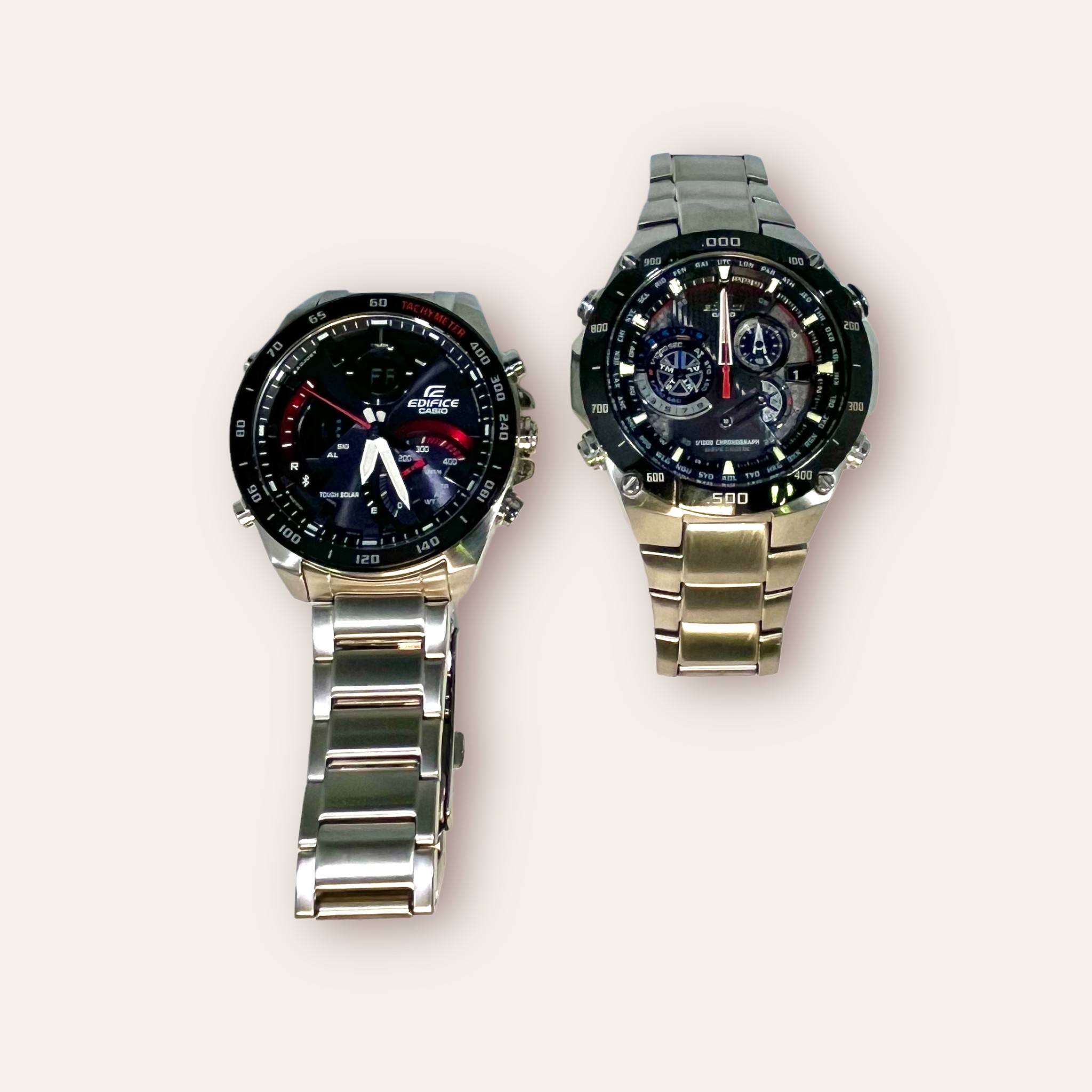 Two gents stainless steel Casio Edifice wristwatches, each with black dial, batons denoting hours,