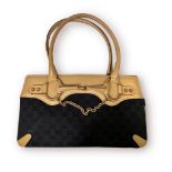 Gucci black GG canvas and tan leather horsebit chain tote, top handles, front chain detail, and a