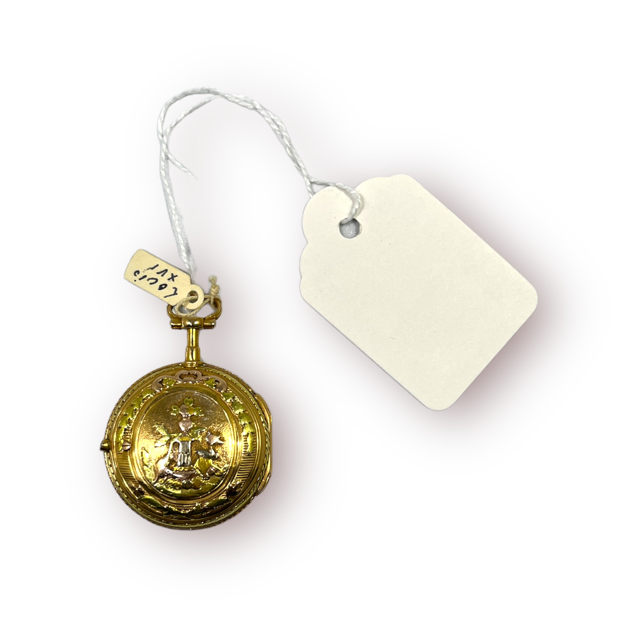 An 18th century yellow metal (tests as 18ct gold) French open-face verge pocket watch, the white - Image 2 of 2