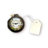 A George III silver pair-case verge pocket watch, the painted enamel dial decorated with a scene