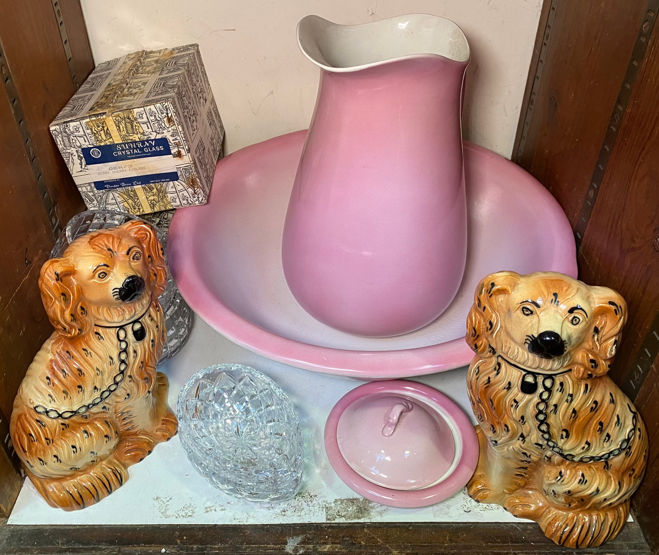 A mixed lot of ceramics and glassware, including a pair of Victorian Staffordshire mantle/wally