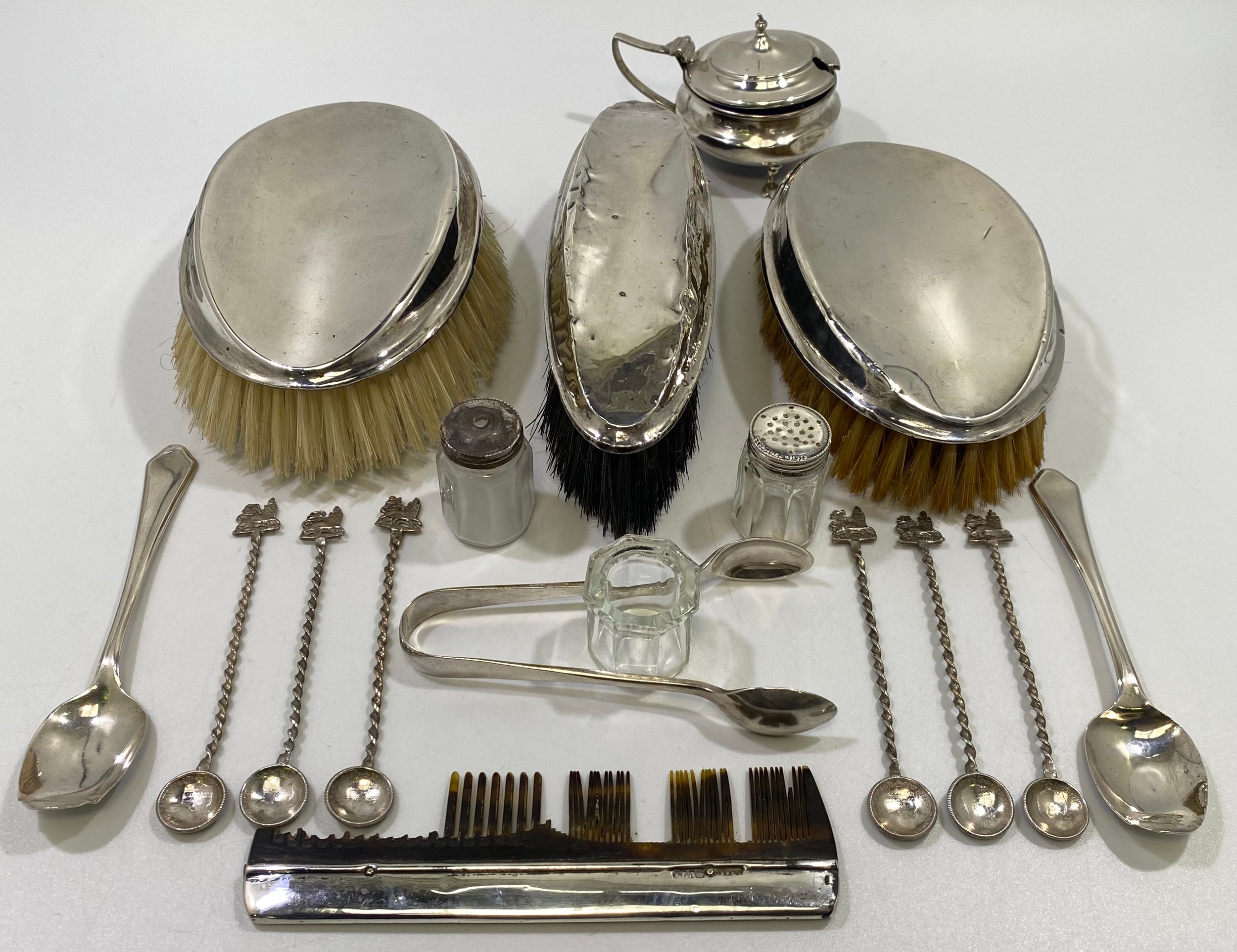 A pair of silver backed brushes together with another silver-backed brush & comb (af), silver