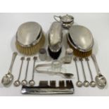 A pair of silver backed brushes together with another silver-backed brush & comb (af), silver