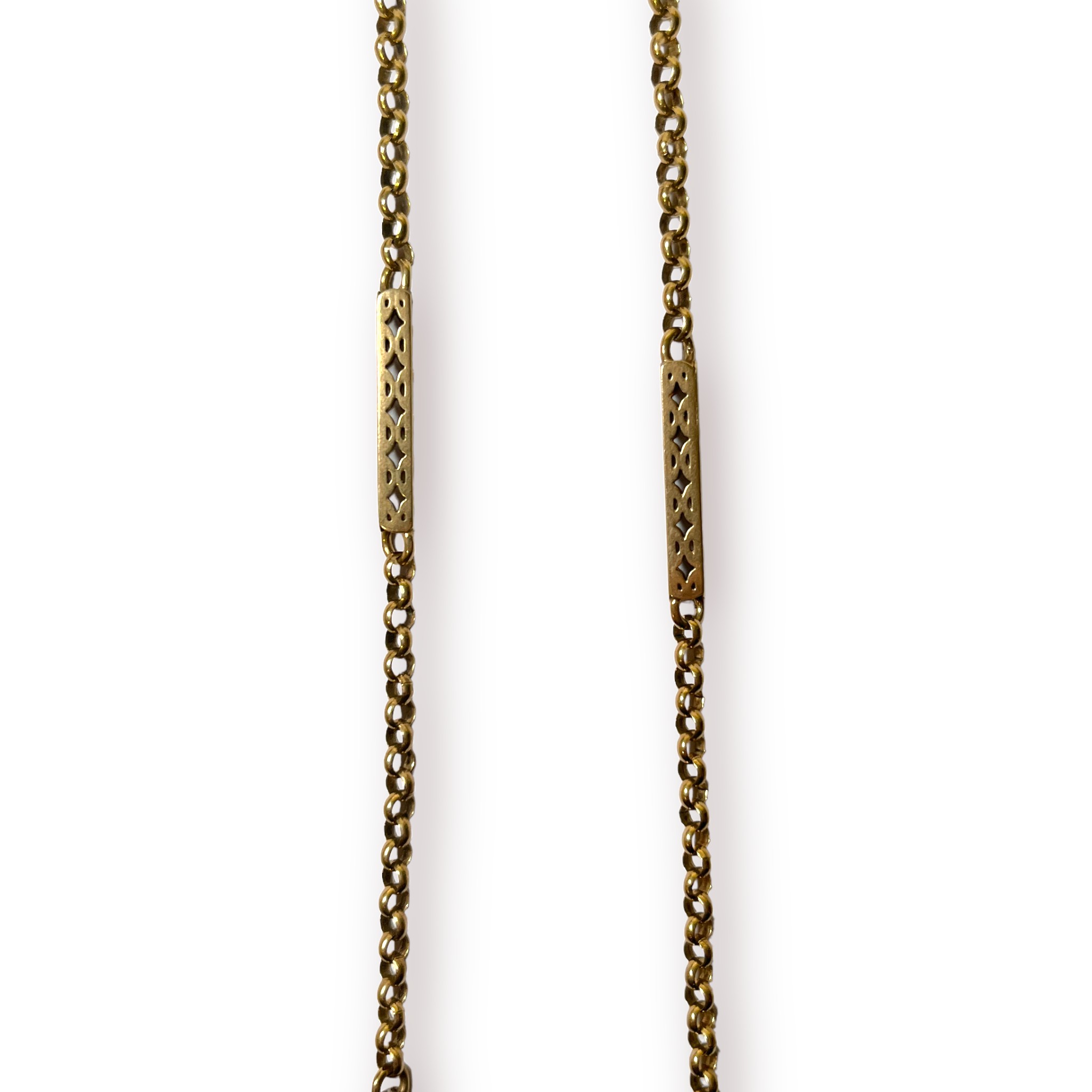 A 9ct yellow gold watch chain, with belcher and pierced elongated bar links, weighs 15.9 grams, - Image 2 of 2