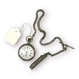 A silver open-face pocket watch, the white enamel dial with Roman numerals denoting hours and