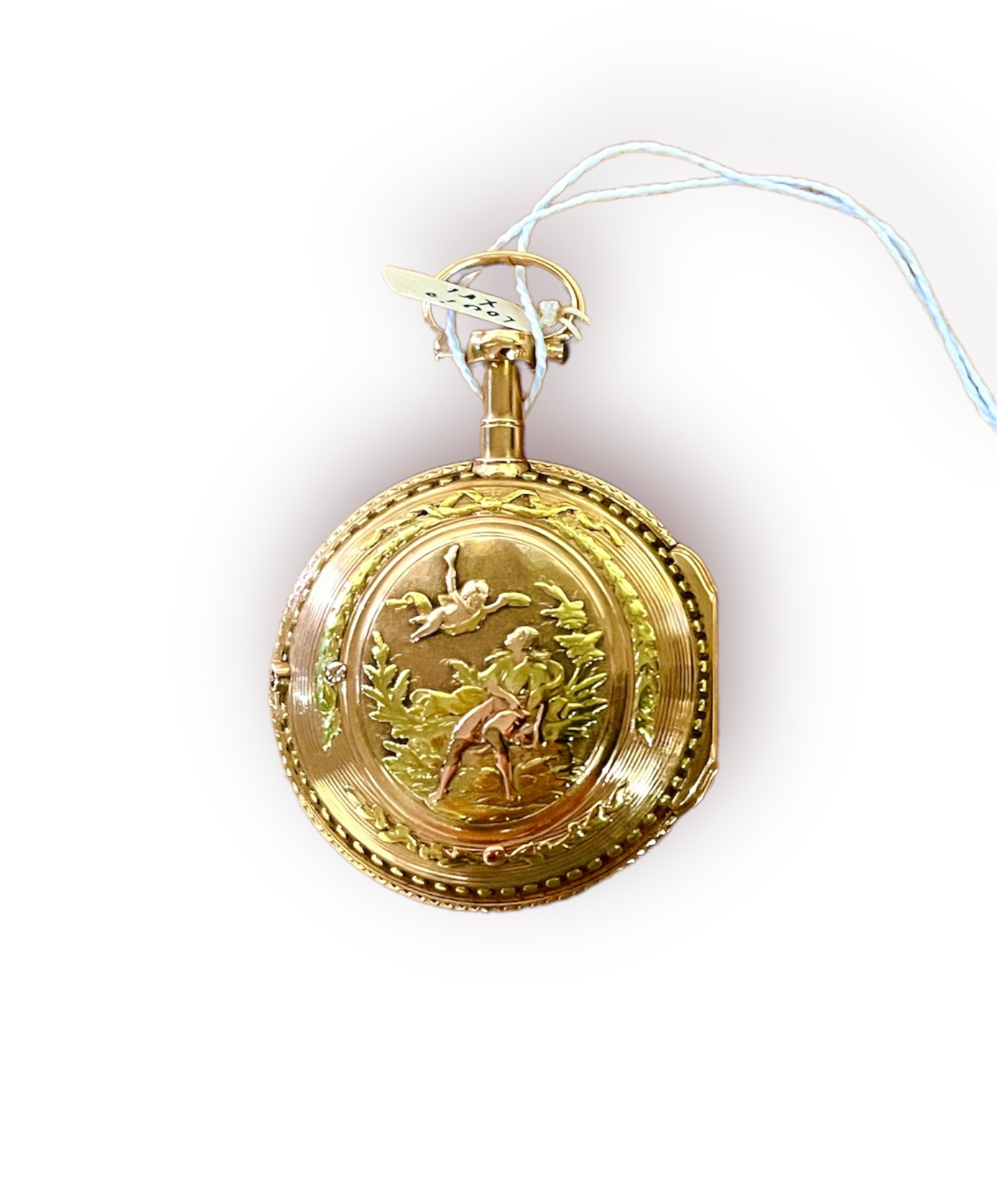 An 18th century yellow metal (tests as 18ct gold) open-face pocket watch by Antoine Melly, the white - Image 2 of 2