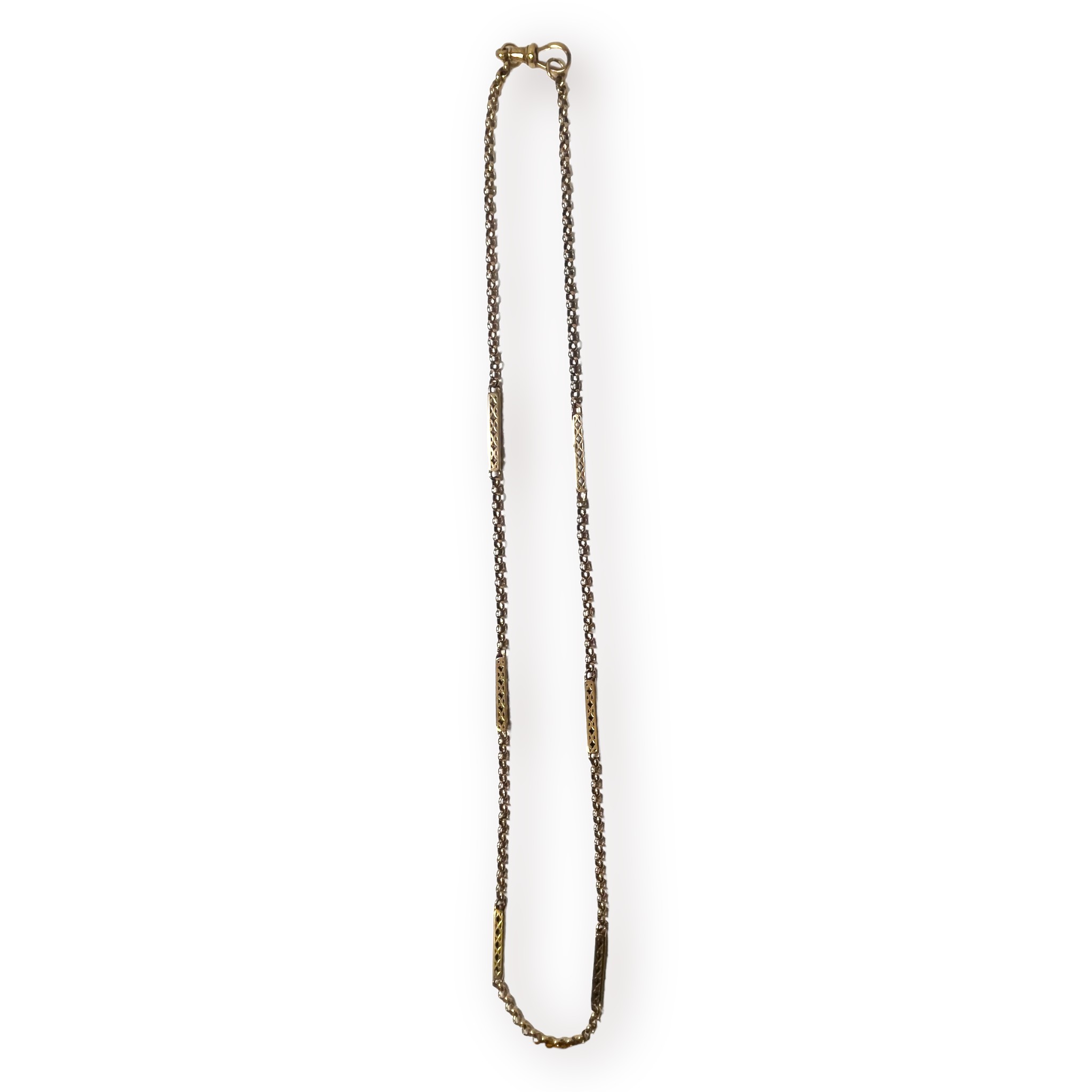 A 9ct yellow gold watch chain, with belcher and pierced elongated bar links, weighs 15.9 grams,